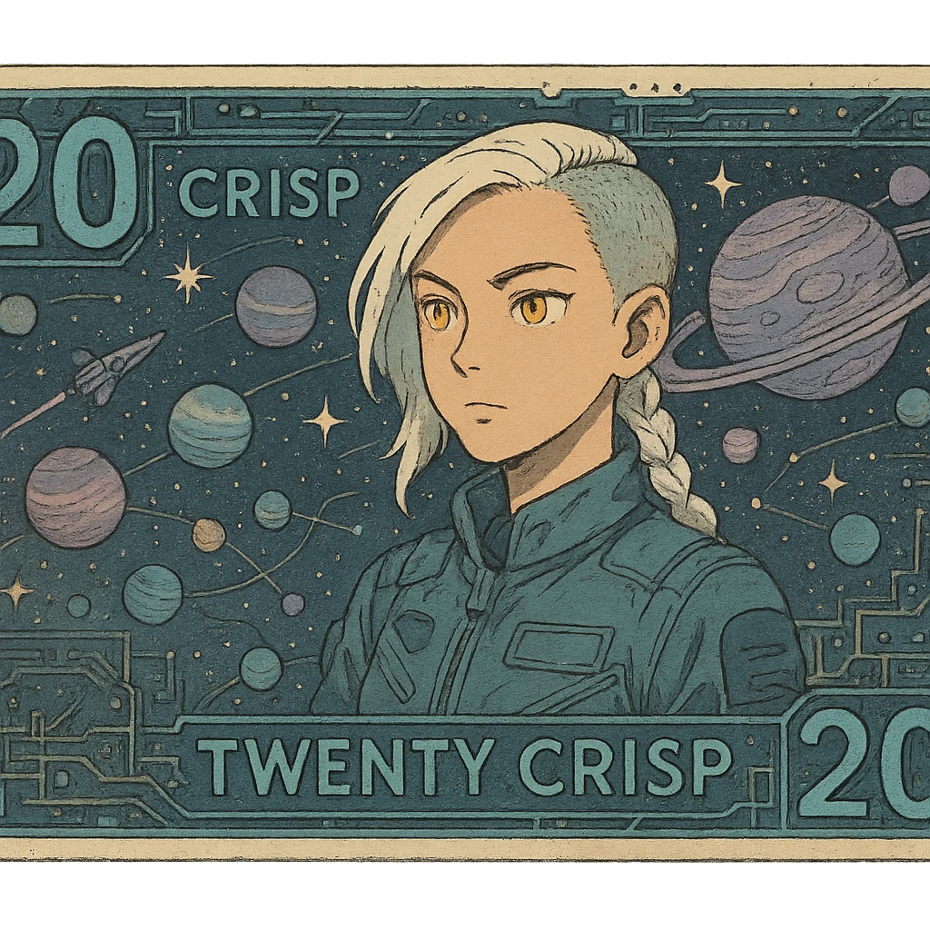 a banknote bill. full frame close up of a "20 crisp" banknote. futuristic, cyberpunk. stellar and planetary style designs adorn the bill. the face pictures is a woman in her 20's, gold yellow eyes, white hair in a single long braid, side of head shaved. she wears a military flight bdu. the final design shape is a 2:1 rectangle emoji
