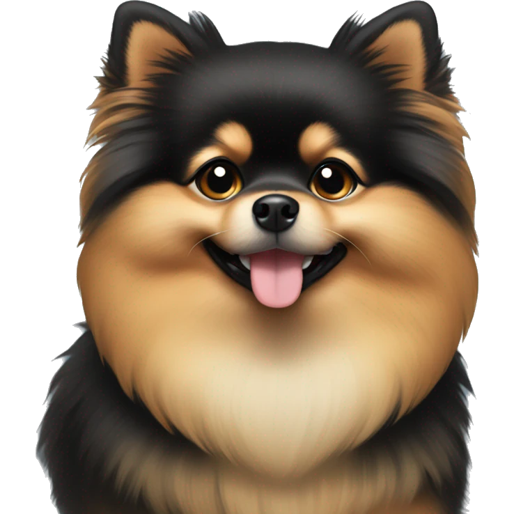 A small black-and-tan Pomeranian is smiling and lying down emoji