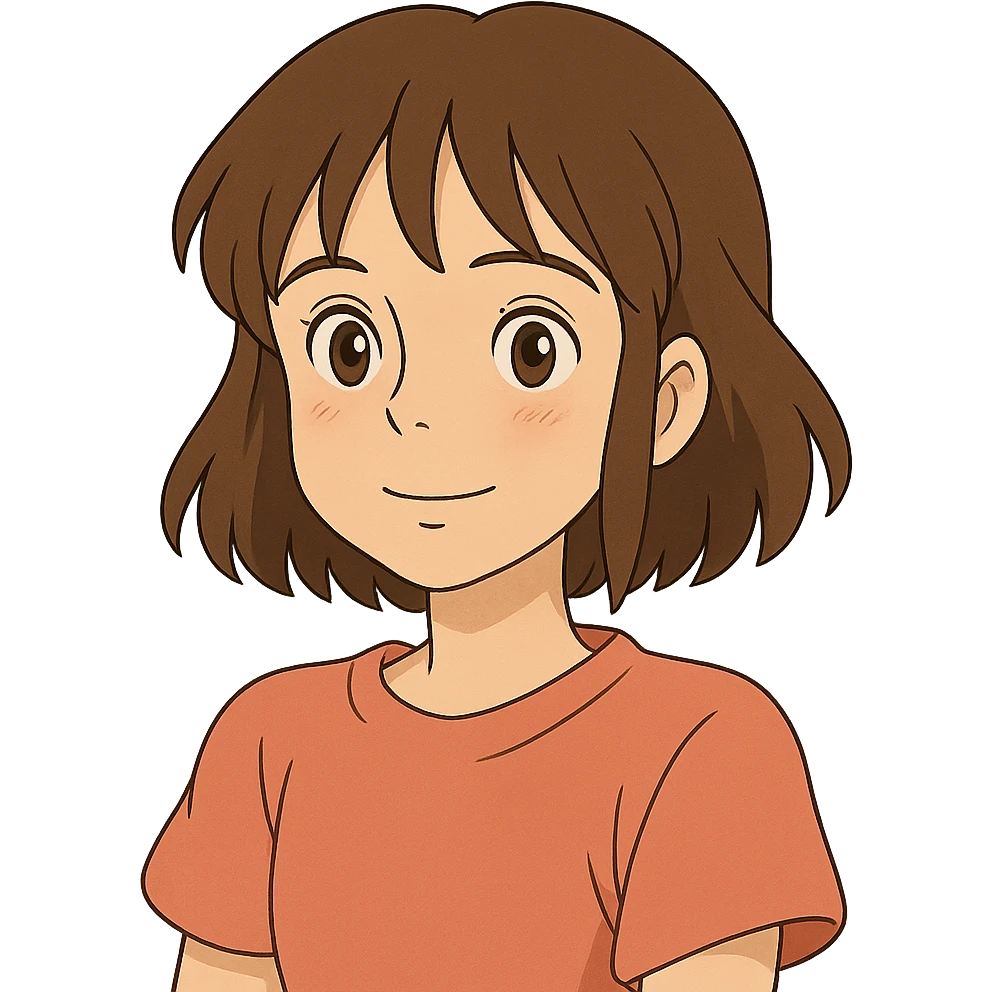 ghibli style illustration of a girl with brown eyes and brown hair emoji
