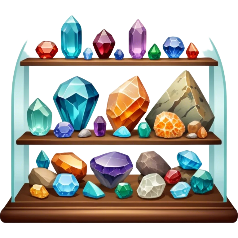 Icon for Mineral, Stone & Fossil Collecting: a display of various colorful minerals, gemstones, and fossils, arranged neatly on a table or shelf. The icon should reflect the beauty and scientific interest of collecting natural specimens. Transparent background. emoji