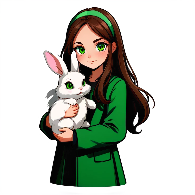 Long brown haired, green eyed girl holding a bunny. The bunny has floppy ears and is grey in color. emoji