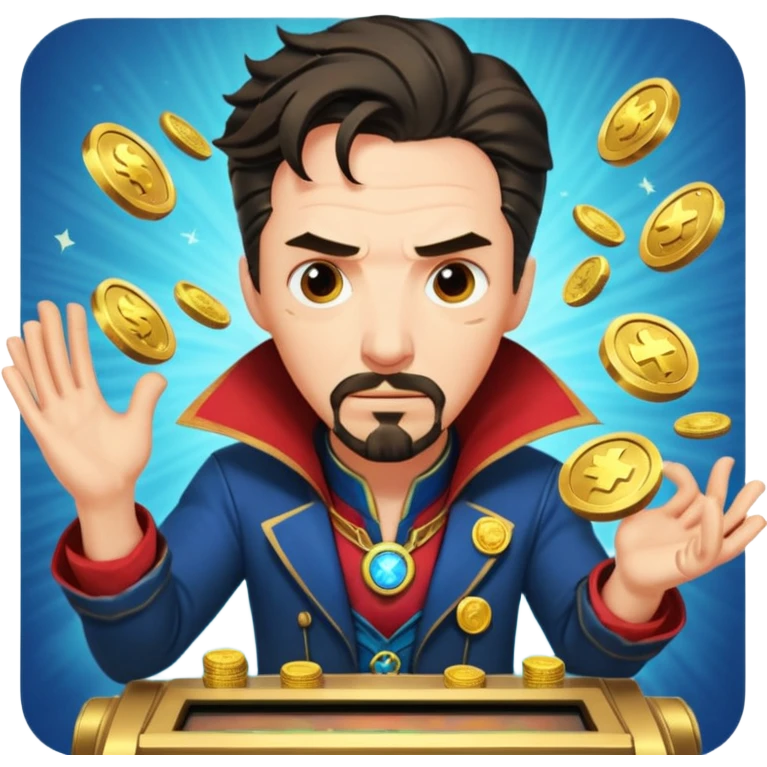 disheveled Doctor Strange losing money at a slot machine, panicked face, coins flying emoji