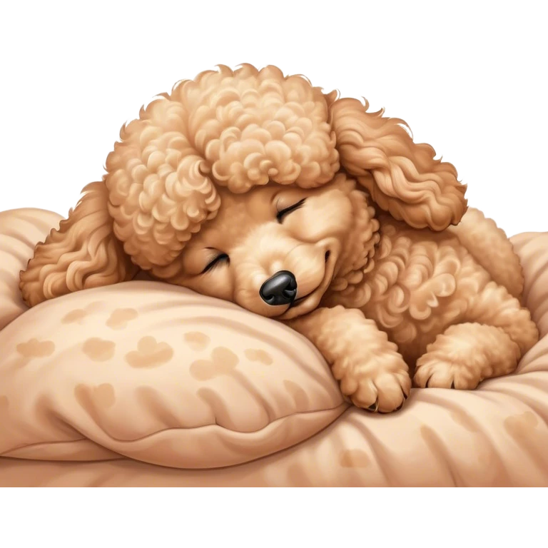 Meme-Worthy Cute Sleeping Apricot Poodle Portrait Emoji, Head resting peacefully with a contented smile, showcasing a delightfully elegant build and a luxuriously soft, curly apricot Fur, eyes shut in a serene nap, Simplified yet hilariously adorable features, highly detailed, glowing with a soft, drowsy light, high shine, relaxed and utterly lovable, stylized with an air of playful laziness, bright and heartwarming, soft glowing outline, capturing the essence of a comically sleepy companion, so meme-worthy it feels like it could instantly become the next viral sensation of adorable slumber! emoji