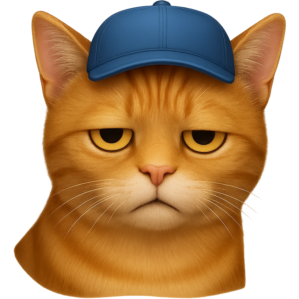 Change the cat's face expression to bored, keep the blue cap, and set the background to transparent. Make the style as close to the original realistic emoji as possible, with detailed fur texture and lifelike appearance. emoji