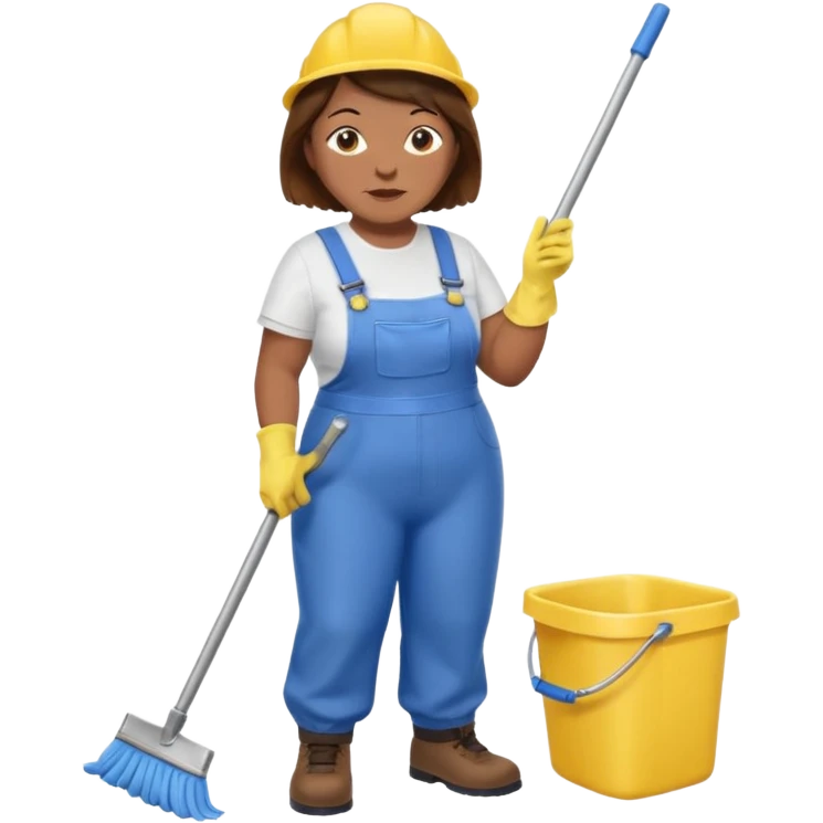 old and fat women, brown hair, Custodian with yellow rubber gloves, white T-shirt, blue overalls, mopping floor emoji