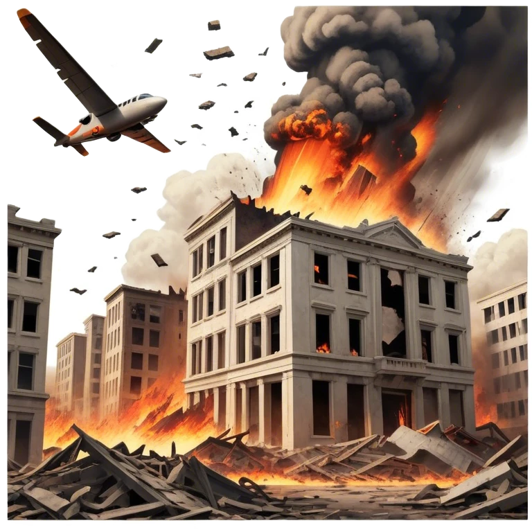 A vintage movie poster-style design with a dramatic scene of a natural disaster like an earthquake, tornado, or tsunami. Include crumbling buildings, flying debris, and fiery explosions. The background should be chaotic, with a cinematic, apocalyptic vibe. Transparent background. emoji