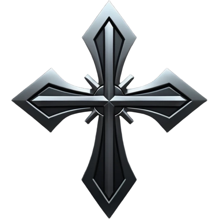 Emoji, dark futuristic cross, symmetrical geometric shape, black metal, gothic cyber aesthetic, minimal flat design, sharp edges, centered, transparent background do not use any other colors but metal and black emoji