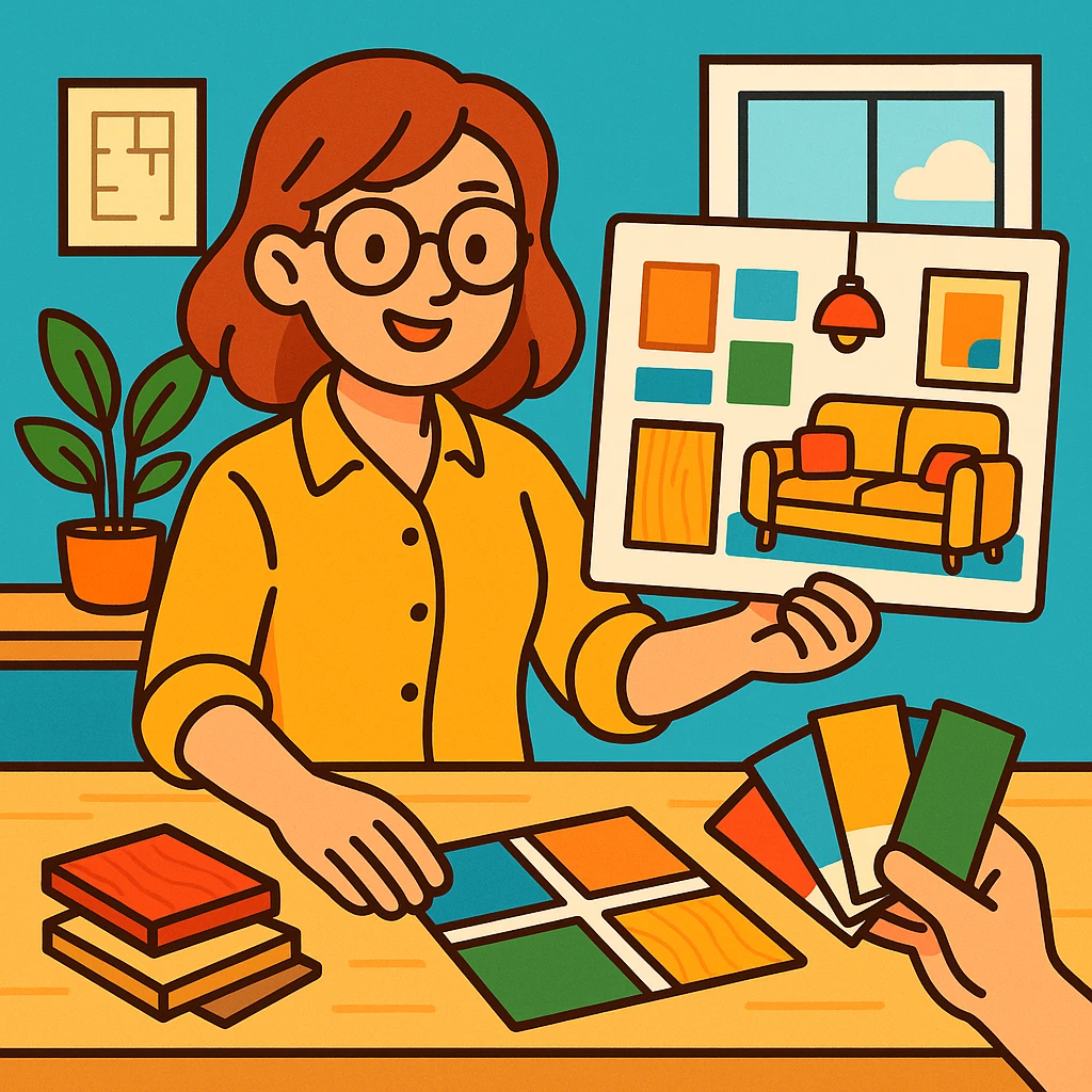 flat toon style interior designer with mood board and samples, bright colors emoji