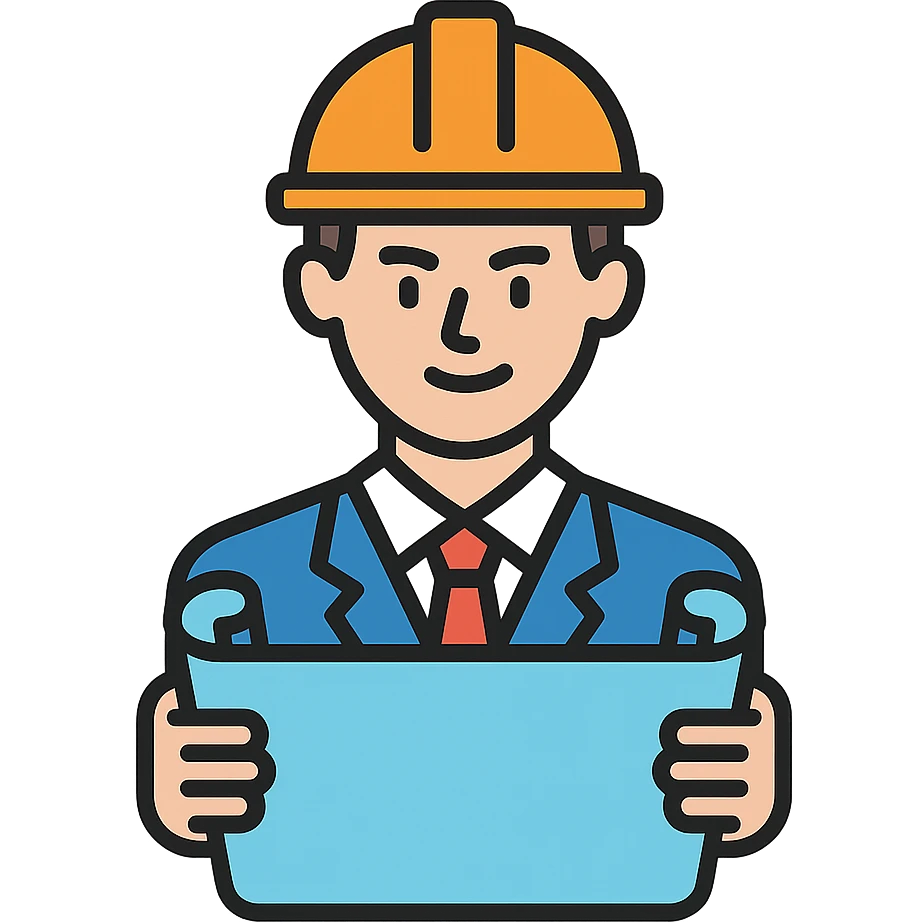construction project manager wearing a hard hat holding blueprints confident expression modern icon style emoji