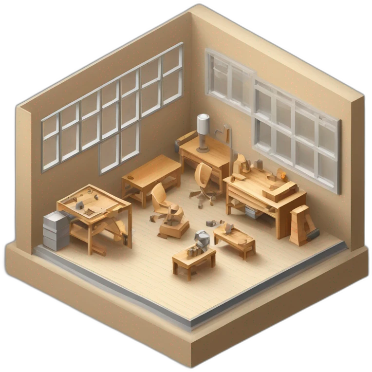 isometric square solid outline border box containing indoor creative workshop factory woodworking metalworking people actively working cnc machine tools simple clean industrial brutalist emoji