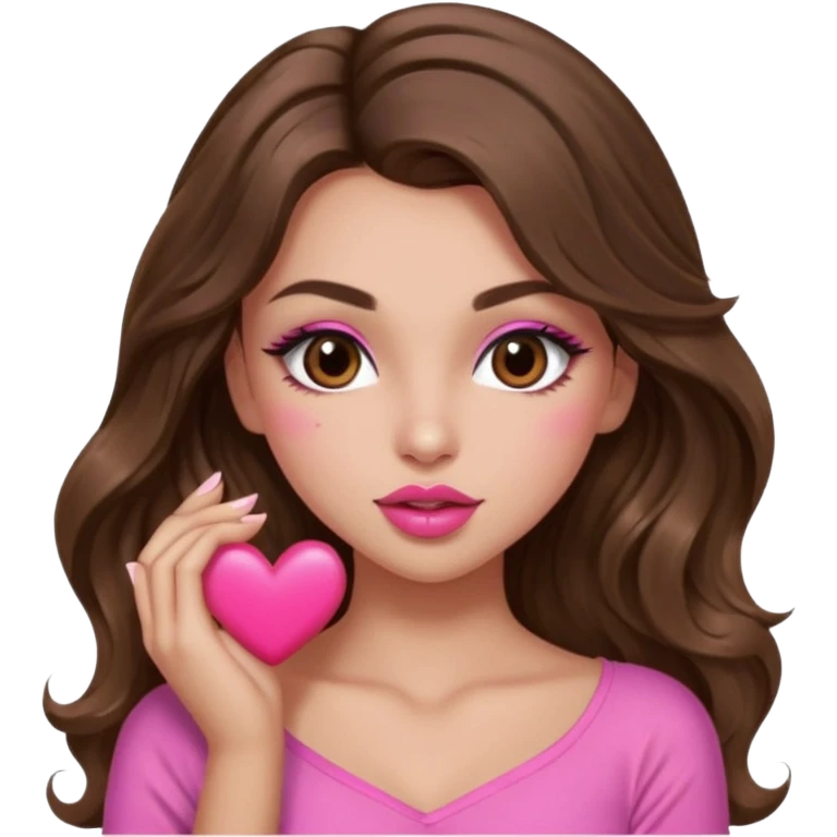 girl with long wavy brown hair, brown eyes, long lashes makeup, sexy pink lips, light to medium complexion, wearing a pink sexy top, sexy , puckering, blushing, kissing a heart sexy emoji