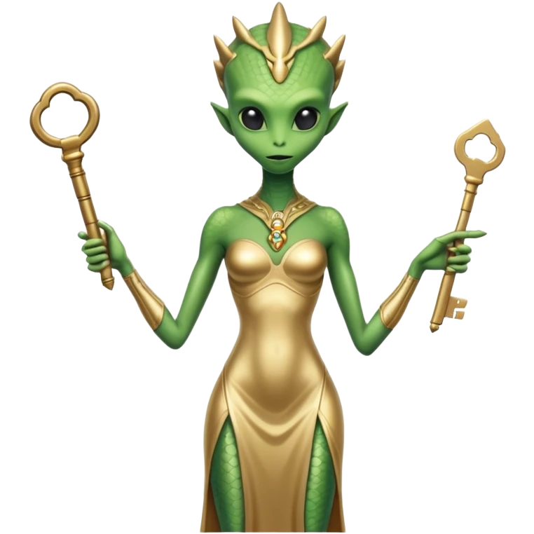 a reptilian alien woman full body, in gold dress, hold big key emoji