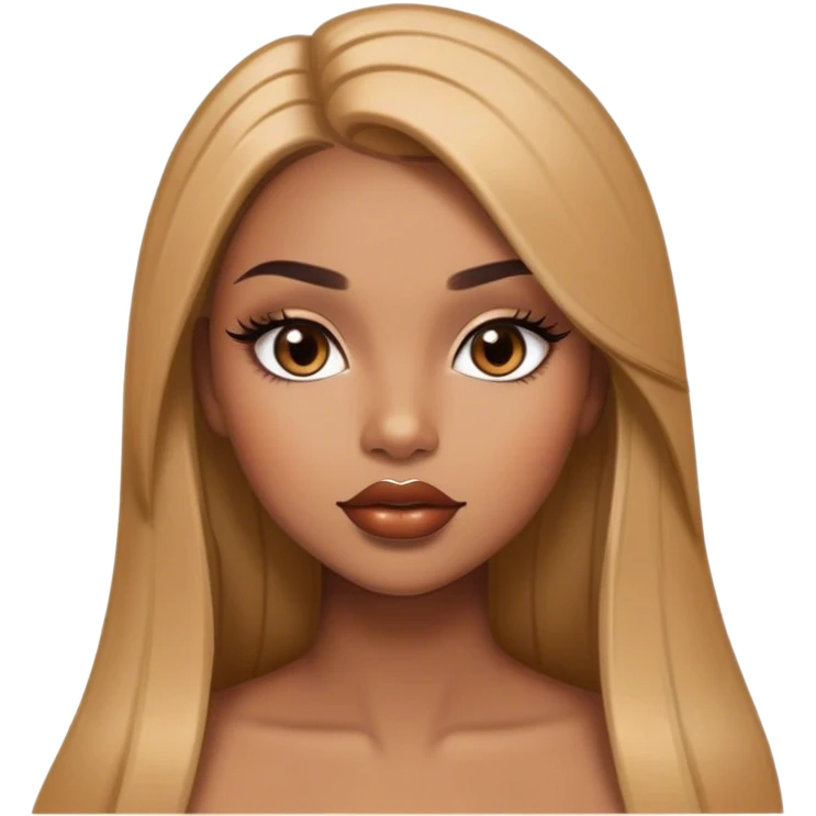Glamourous, light brown skin tone, very beautiful girl, with big plump shiny lips, long long lashes, black straight smooth silky long hair, straight parting hair, brown eyes emoji