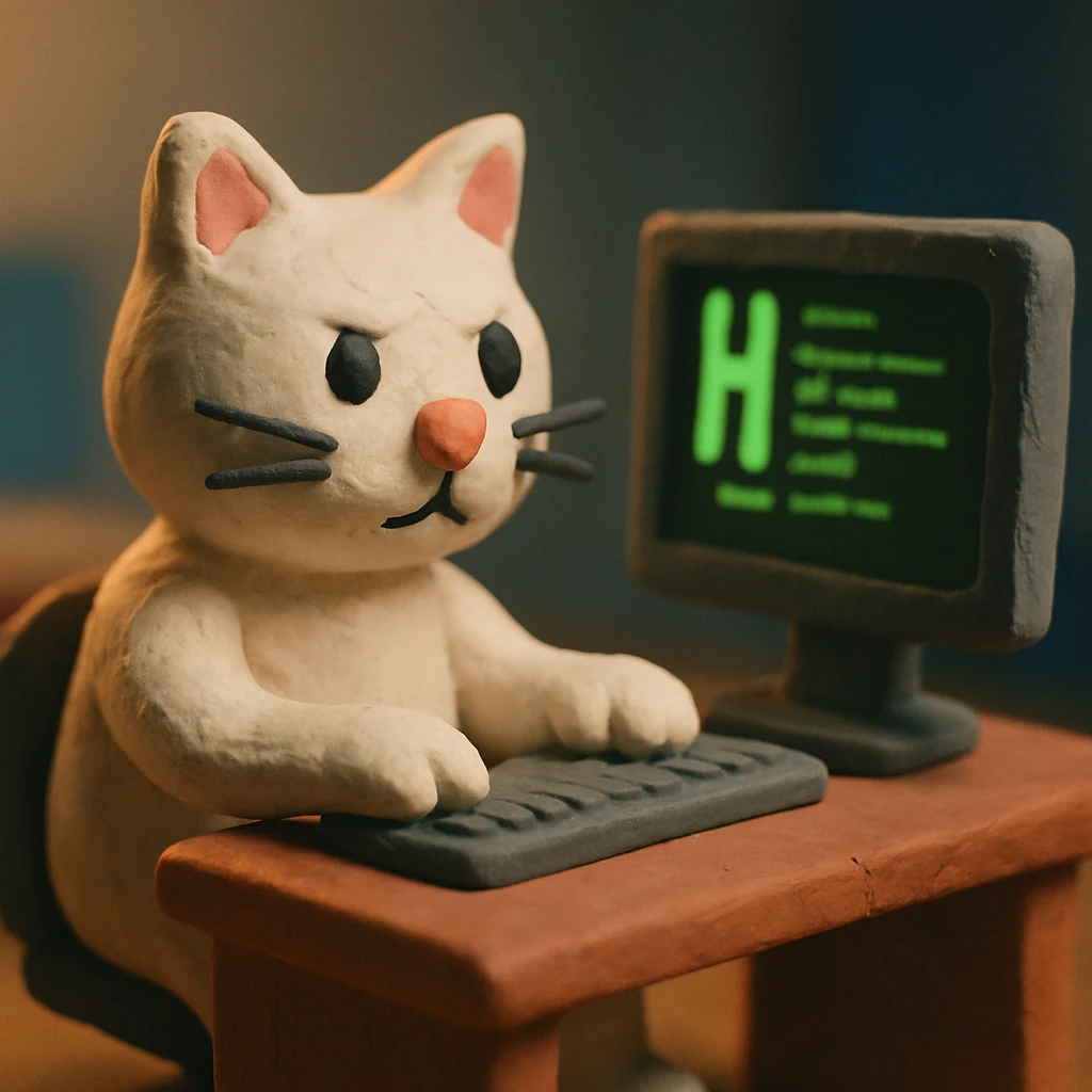 claymation style white hacker cat sitting at a desk with a monitor emoji