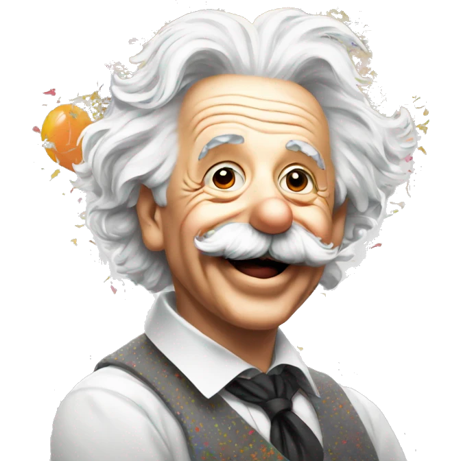 happy albert einstein with colourful confetti and party balloons emoji