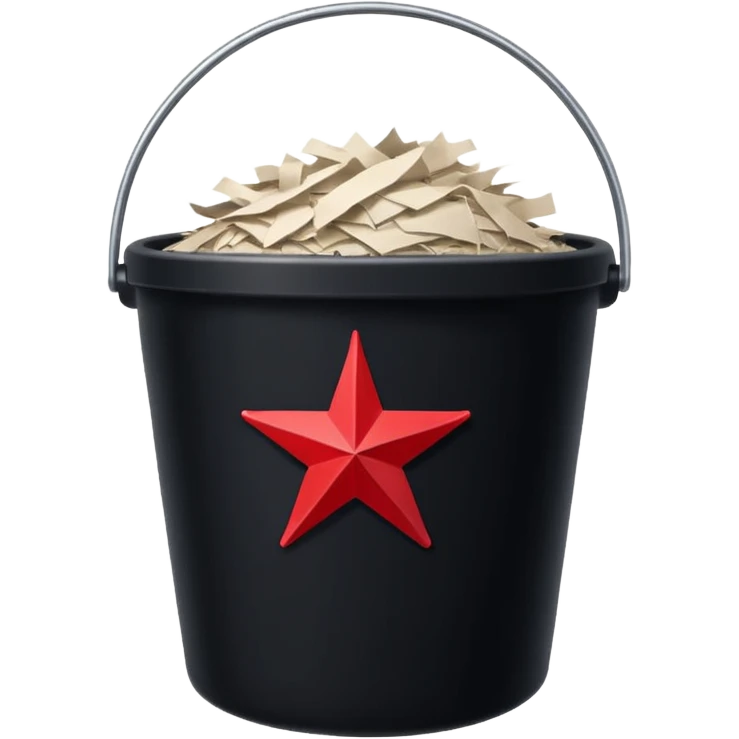 black bucket no handle, shredded paper inside, red texas on front emoji