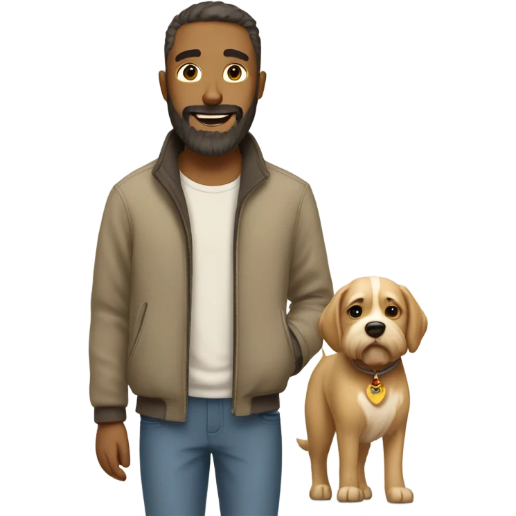 Bearded man taking his short hair beige dog for a walk  emoji