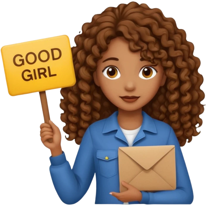 A girl with medium brown skin and long curly holding a sign saying good girl emoji