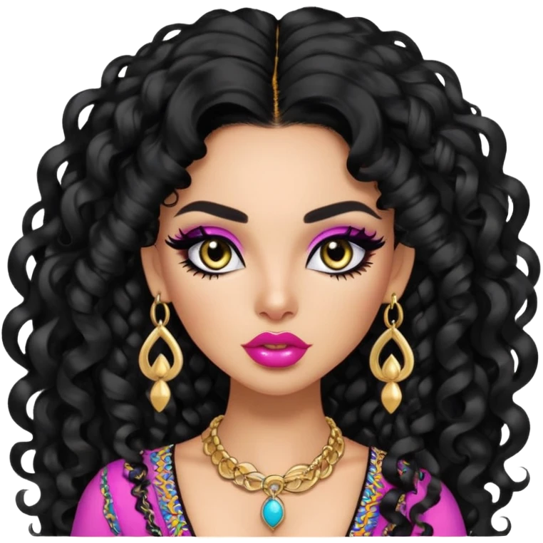 Colombian, pretty lips, colombian clothes, skin, long black curly hair, jewelry, pretty bratz baddie, black eyeliner emoji