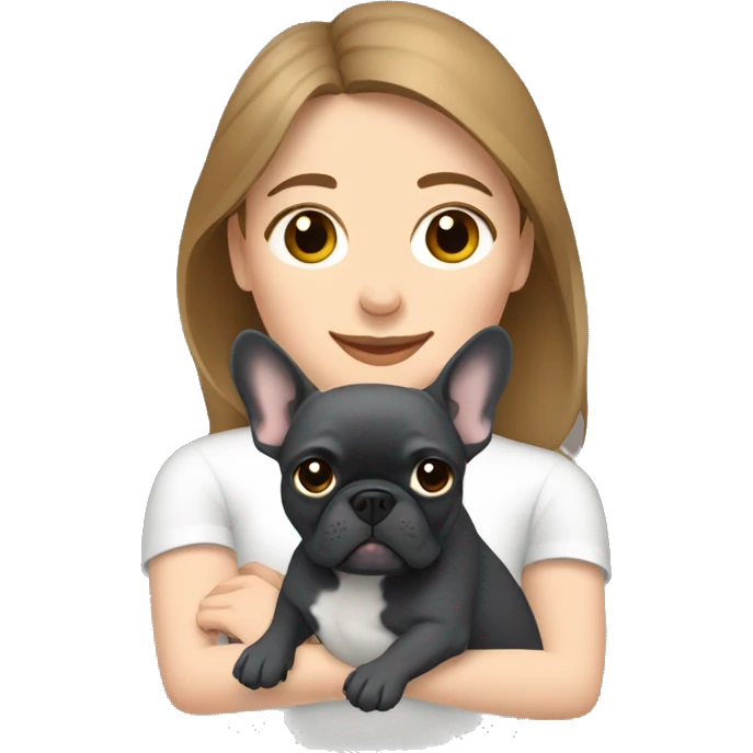 light brown hair woman hugging a dark gray french bulldog emoji