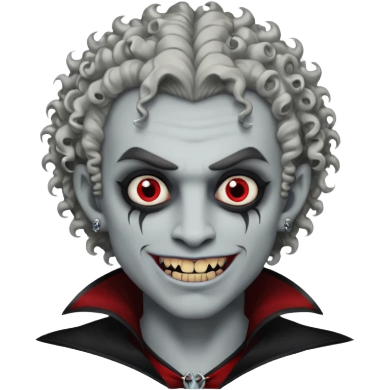Vampire with grey skin, fanged teeth, piercings on eyebrow, two dermal piercings on cheek, and curly hair male emoji