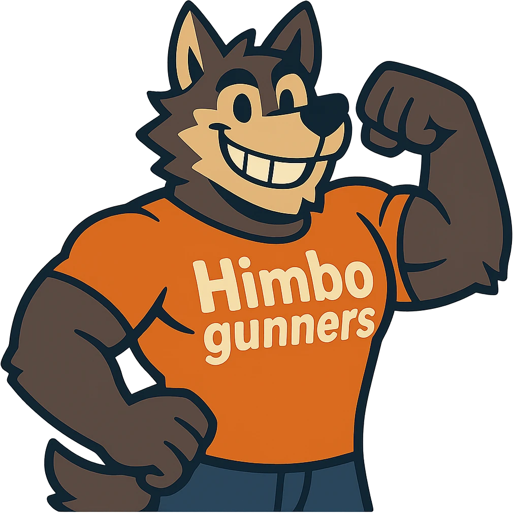 muscular wolf furry with a big friendly grin, flexing, wearing a t-shirt that says 'Himbo gunners' emoji