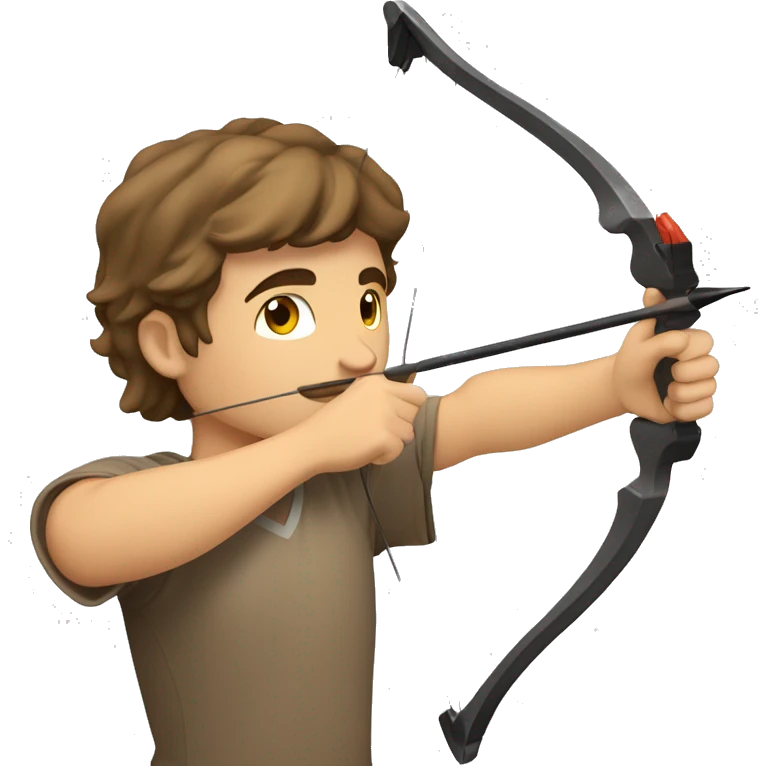a male archer aiming with a bow looking at his target, wearing a tshirt, brown hair, bright skin, emoji