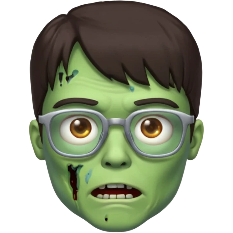 an emoji of a male green zombie with dark brown hair and female bangs that cover your entire forehead and extend to your eyebrows, wearing square, bluish glasses. emoji