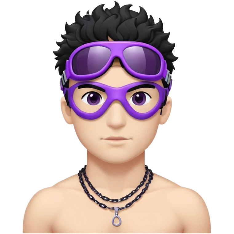 shirtless male athlete with white skin and moderately curly black hair on top with shaved sides, wearing purple ski goggles with black tinted lenses, and a simple plain black chain necklace, no earrings emoji