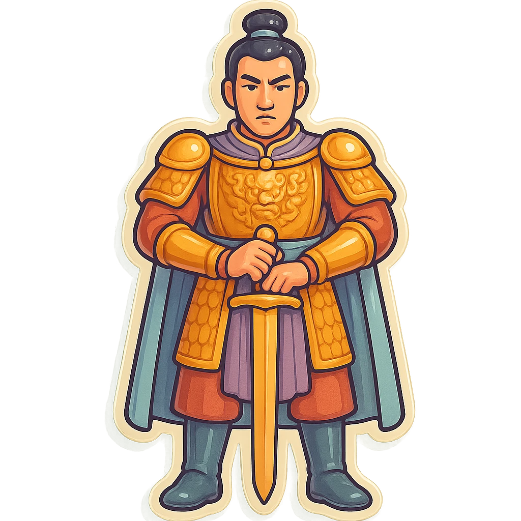 Add boots to the general's feet, keep the rest as is: full body, front view, elongated legs, face as in the reference, retro sticker style, high detail, pronounced shadows and highlights, clean lines, soft rounded shapes, pastel palette #98B5BC, #B5B3C1, #C9A3C9, #E4C0CA, #F7DCD1, #F7C0AA, transparent background. emoji