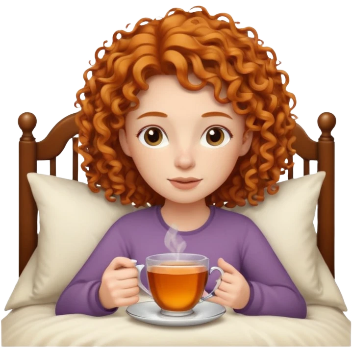 Ginger curly girl with tea in the bed emoji