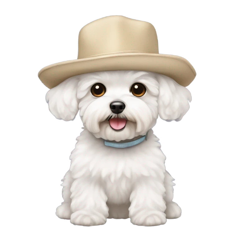 White maltipoo wearing propeller hat emoji