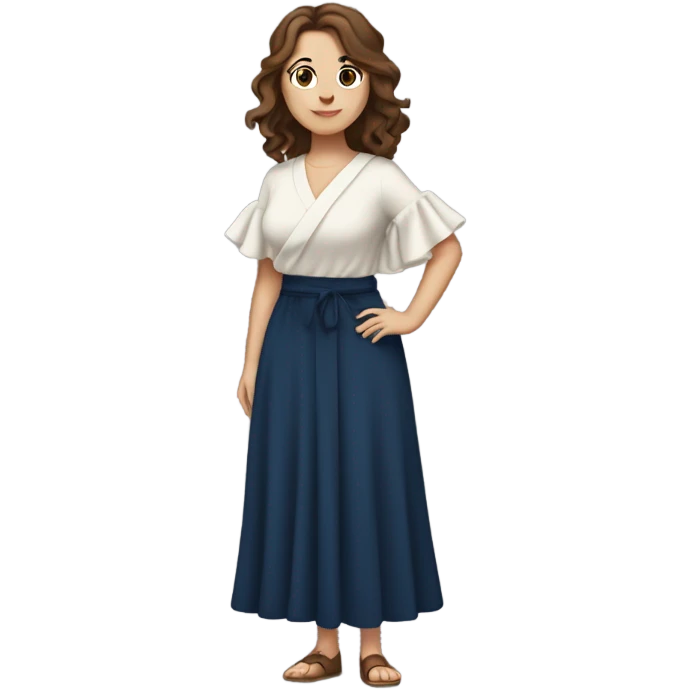 White girl with brown hair dark blue ruffle sleeve wrap dress full body hands on hips emoji