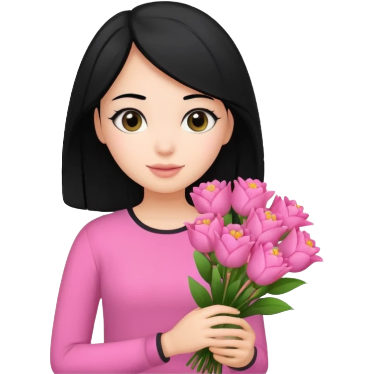 girl with black hair wearing pink top and pink bouquet  emoji