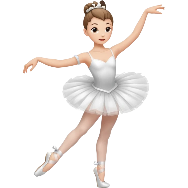 A ballerina dancing with point shoes and in a white tutu with a ribbon on her waist, she has a slick bun and a great posture emoji