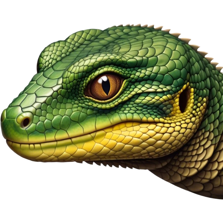 Cinematic Realistic Noble Monitor Lizard Portrait Emoji, Poised and imposing, with a robust, muscular build and a rugged, intricately scaled hide in natural olive and dark brown tones, a sharply defined head with intense, observant eyes, rendered with lifelike detail and authentic texture, high shine, intelligent and formidable, styled with an air of desert authority, focused and attentive, soft glowing outline, capturing the essence of a watchful and confident monitor lizard that appears ready to stride out of the screen with effortless power! emoji