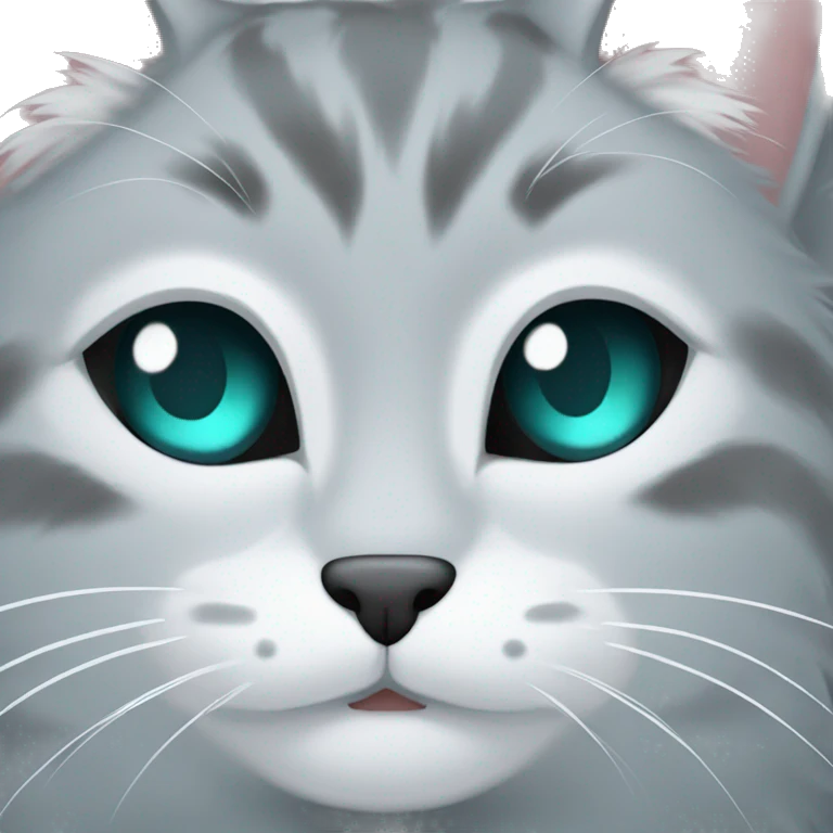 gray cat with teal eyes and white fur around mouth and eyes emoji