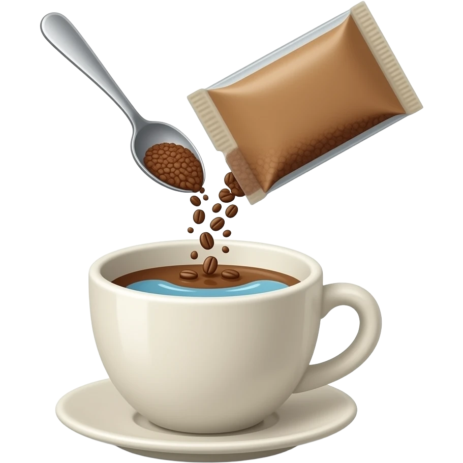 Minimal emoji-style illustration of instant coffee (fine granules, not beans) being poured into a small cup with a little water. Coffee powder falling from a sachet or spoon, soft motion effect. Clean, simple shapes, warm brown tones, light pastel cup, centered, minimal background. emoji