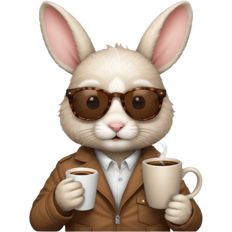 White rabbit, wearing brown jacket, sunglasses, holding coffee mug emoji