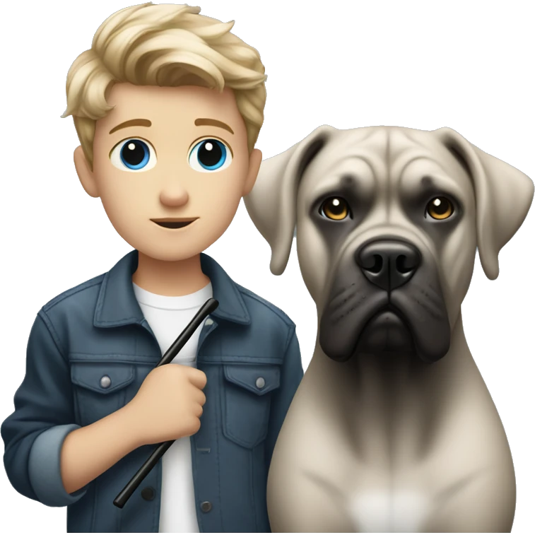 young white kid with justin beiber hairstyle standing alongside a black cane-corso emoji