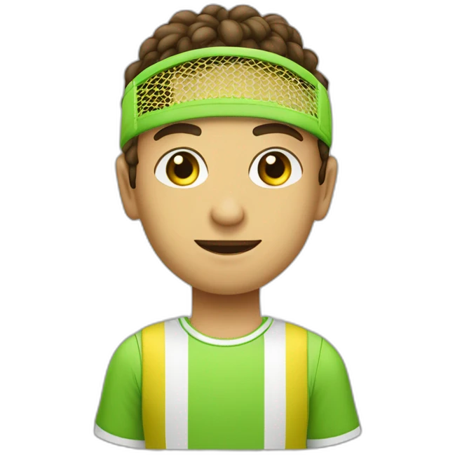 Ragazzo riccio con occhi verdi con maglietta gialla gioca stanco con una racchetta da tennis emoji
