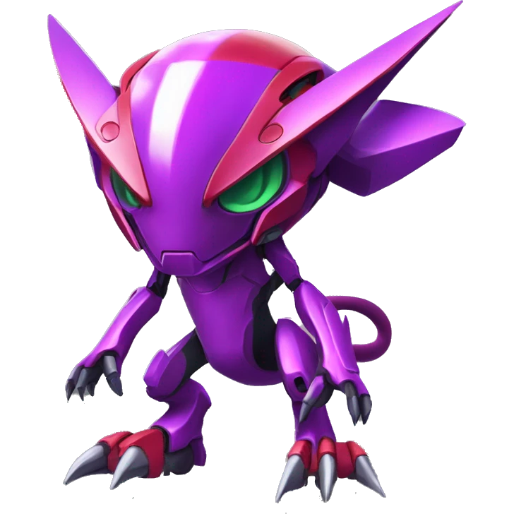 a shiny purple-red Genesect-Raptor-Fakémon—hybrid with a futuristic visor-helmet full body emoji