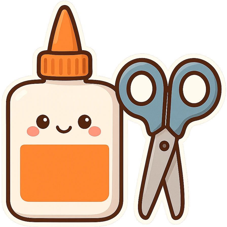 bottle of glue with orange label and tip and a pair of blue scissors, flat toon vector illustration emoji