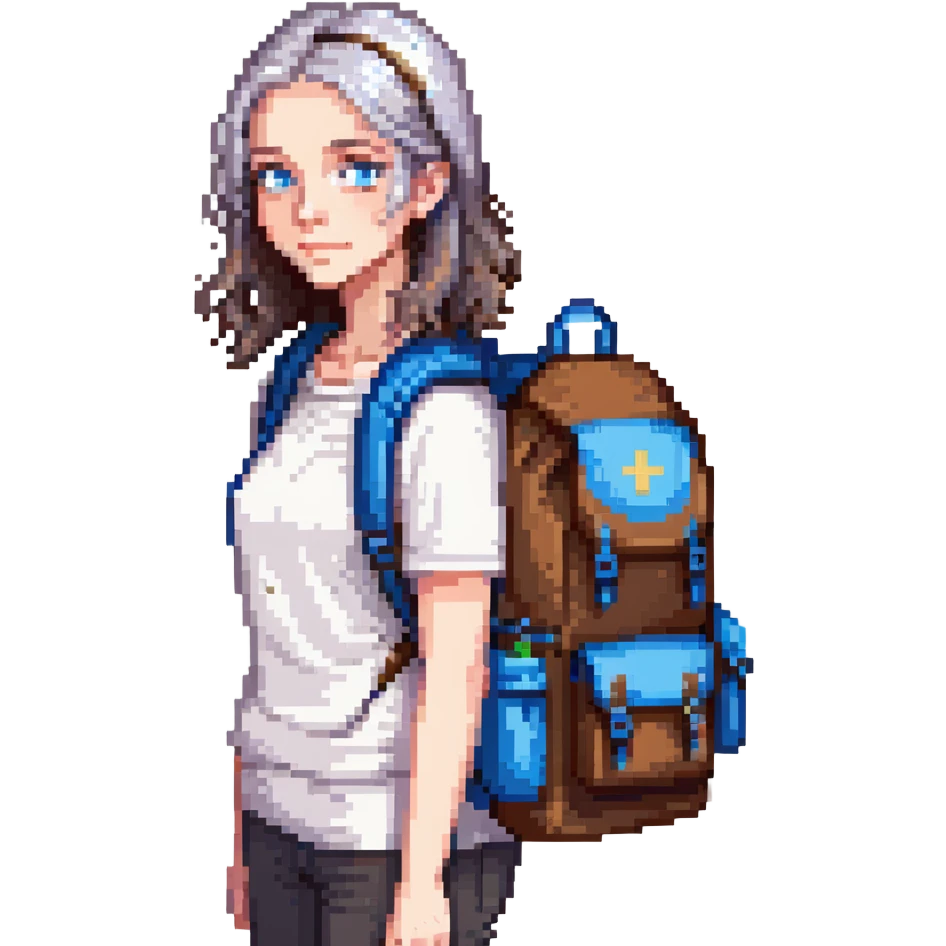 white woman park ranger with blue eyes, brown and gray hair, wearing a backpack emoji
