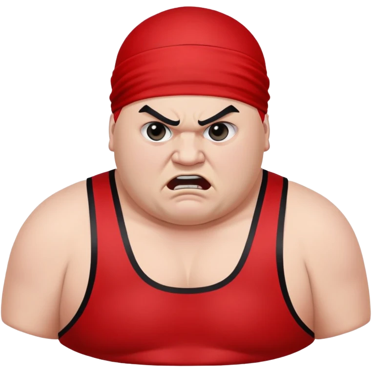Close-up of white skin fat guy with prominent black durag, completely shaved face, no beard or mustache, black eyes in a red and black wrestling singlet with angry face emoji
