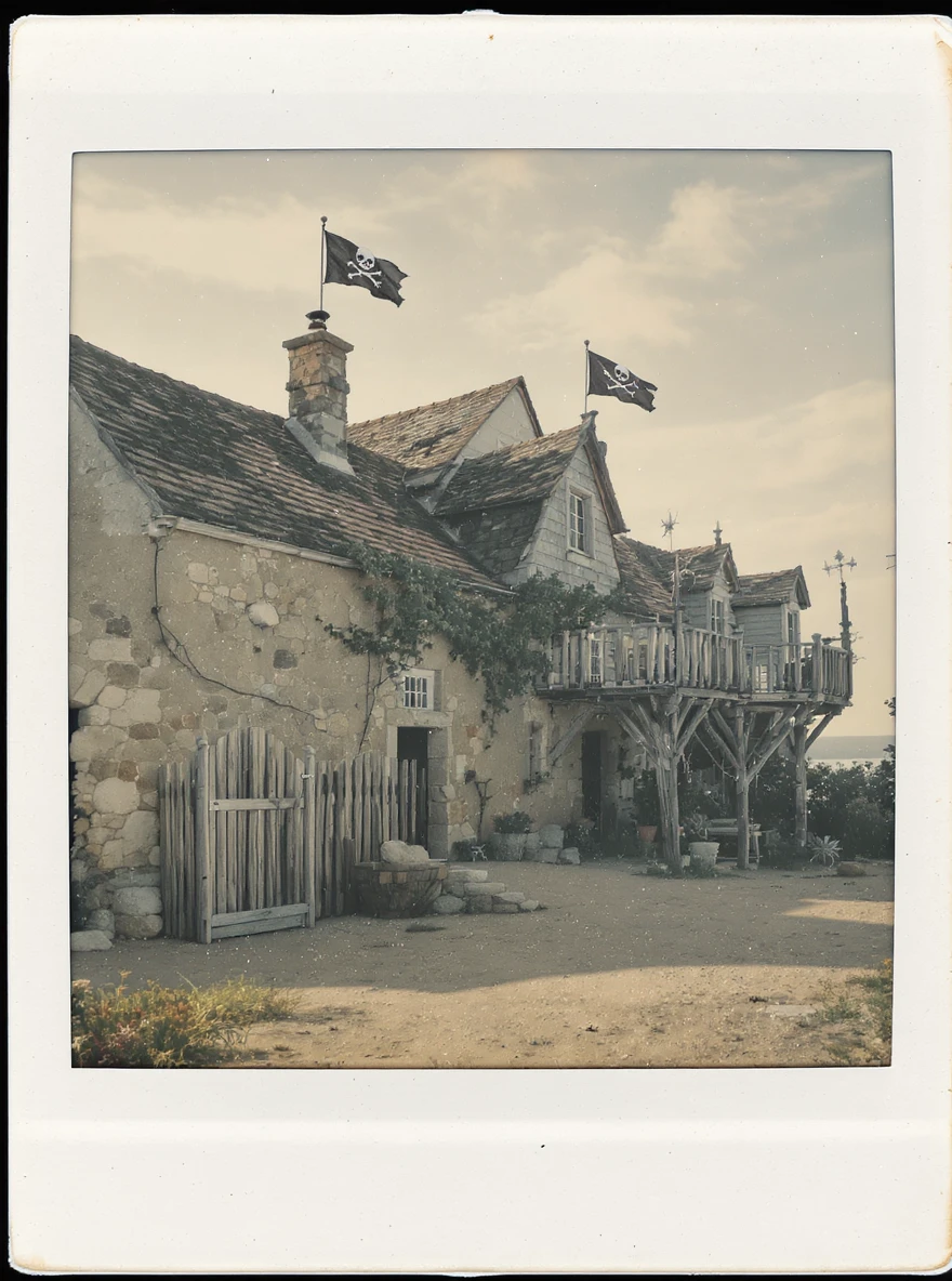 old pirate's house with skull flag emoji