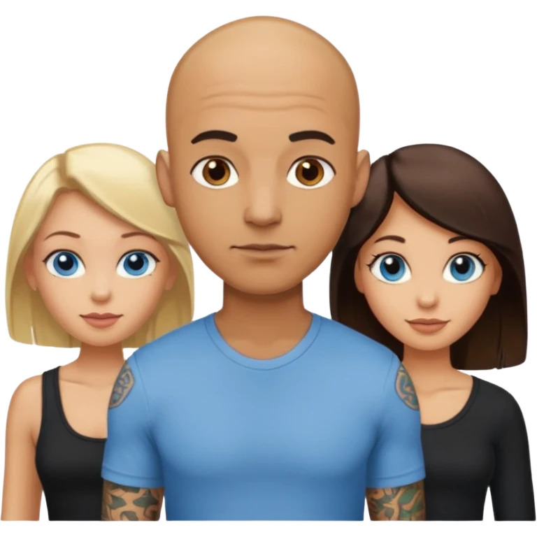 tattooed covered bbald brown eyed male with blonde haired blue eyed big boob female with brunette haired brown eyed big boob female throuple  emoji
