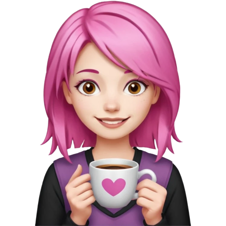 сделай молодую девушку с розовыми волосами, накрашенную красиво, с стаканчиком кофе и с инстаграмным выражением лица emoji