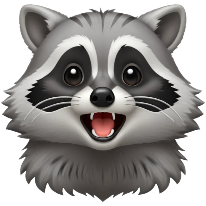 Cinematic-cute realistic- Yawning Raccoon-Portrait-Emoji – Poised and confident, wide-open yawn, revealing a soft grey with a sturdy build and a beautifully textured fur of silver-grey accented by dark black facial markings, deep-set, big black eyes, simplified yet sharp and sophisticated zoom out to show shoulders emoji