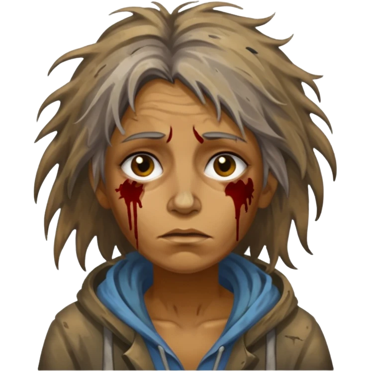 very dirty looking homeless woman very very dirty and smelly looking face only, not old with stains everywhere and messy hair and lots of stains on face ugly emoji
